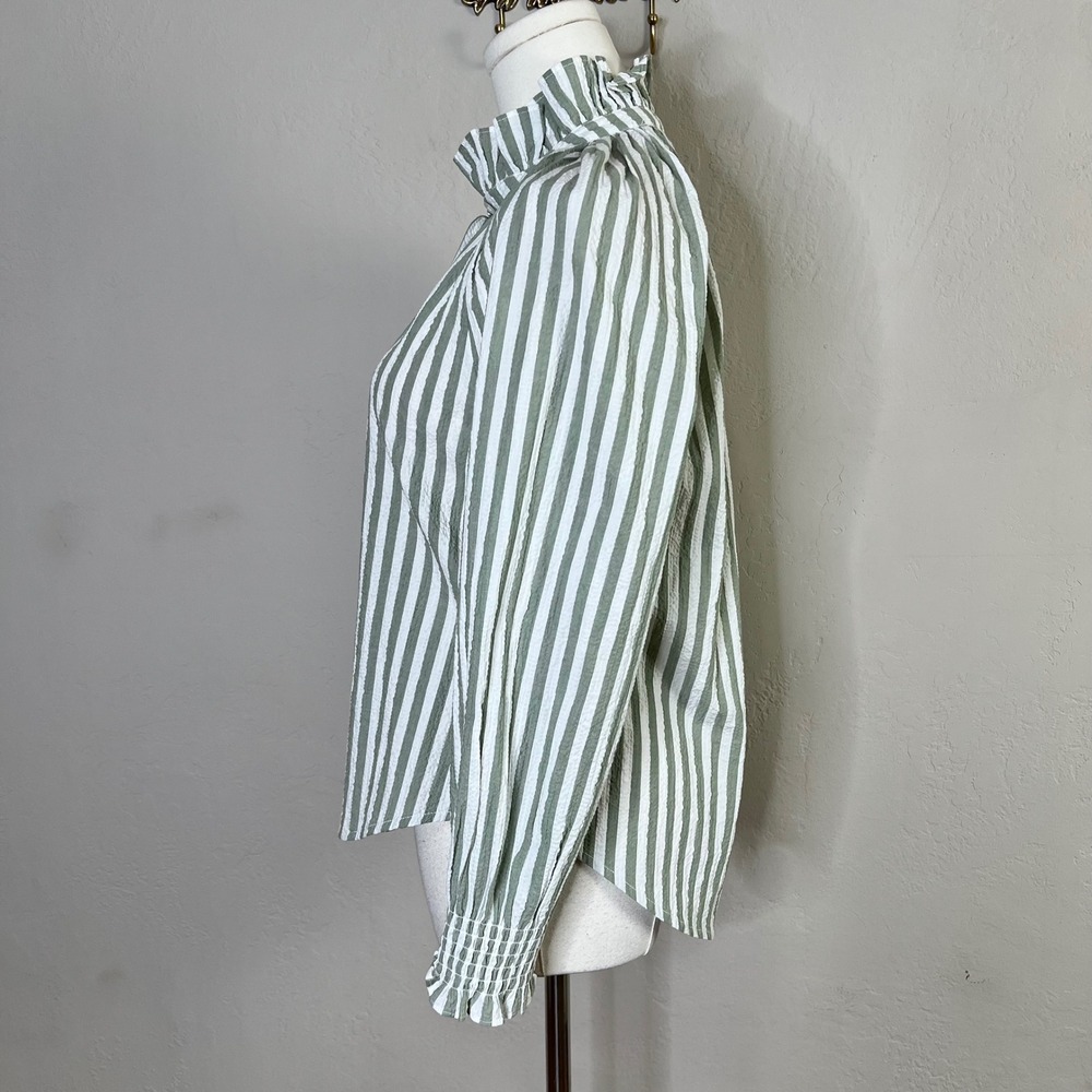 Veronica Beard Calisto Striped Ruffle Neck Button Up Shirt Seersucker 0 = XS NEW - Picture 3 of 11